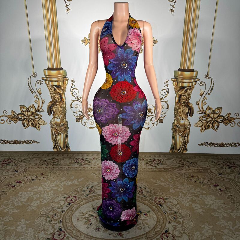 Colorful Floral Handmade Rhinestone Halter Deep V-Neck Evening Gown Party Dress Singer Model Runway Long Dress Colorful Floral Handmade Rhinestone Halter Deep V-Neck Evening Gown Party Dress Singer Model Runway Long Dress