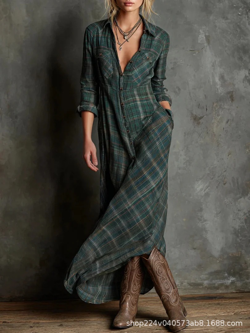 In-Stock 2026 European and American Women's Fashion Independent Brand V-Neck Plaid Loose Dress with Artistic Flair, Plaid Vacation Long Dress