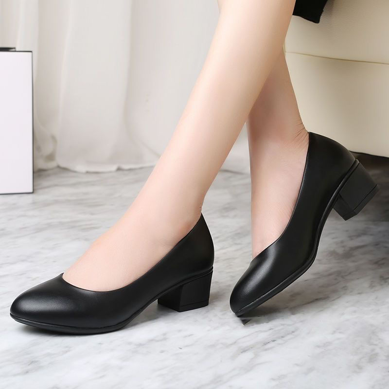 Comfortable Professional Shoes Work Shoes Dress Etiquette Interview Shoes Women's Small Leather Shoes Single Shoes Middle Heeled Black Shoes Spring and Autumn