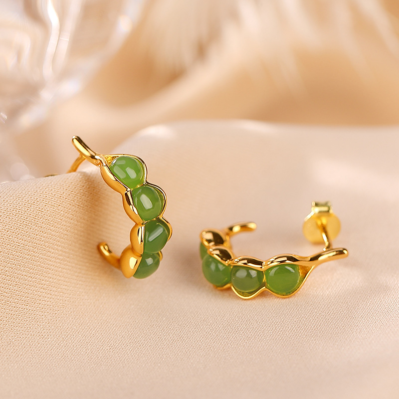 Bông tai nữ bạc S925 mạ vàng đính đá jasper hạt đậu phong cách trẻ trung — Kiểu mạ bạch kim