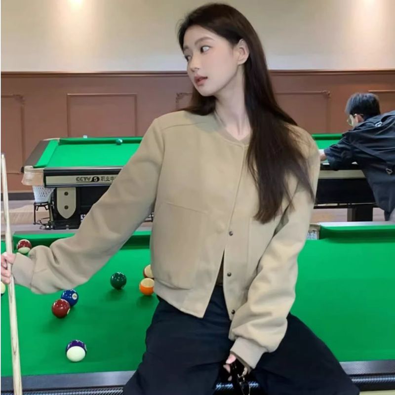 美式复古灰色短款棒球服外套女春秋款设计感小众宽松休闲夹克上衣|undefined