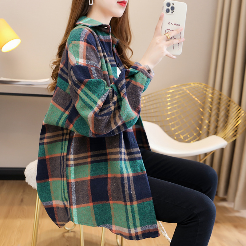 Woolen Plaid Shirt Women's Long-sleeved Loose Spring and Autumn Large Size Casual Korean Style Shirt New Fashion Top Coat Women