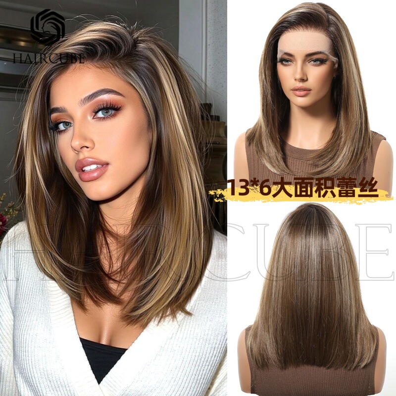 Large Area Lace Wig 13*6 Medium Length Highlighted Elegant Casual Parting Daily Bob Wig Factory Ready Stock Large Area Lace Wig 13*6 Medium Length Highlighted Elegant Casual Parting Daily Bob Wig Factory Ready Stock