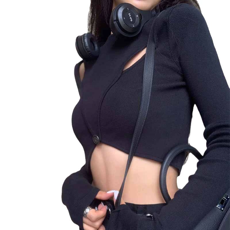 Длинный рукав, осенняя короткая кофта, высокая талия