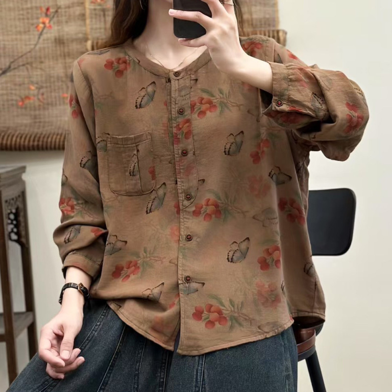 文艺复古长袖棉衬衫女春秋季新款宽松休闲圆领开衫上衣女装外套|undefined