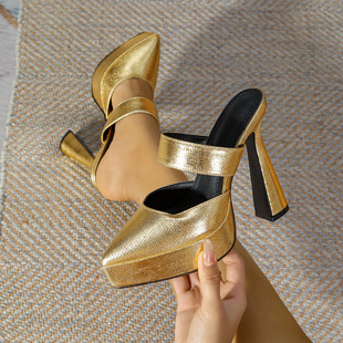 Gold Crackle Pattern Thick Heel Pointed Toe Waterproof Platform Foreign Trade European Size Shallow Strap Slippers Ultra High Heel Sexy Women's Shoes