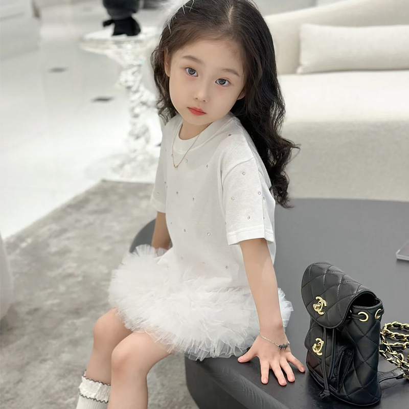 Internet Celebrant Girls Korean Fashion Solid Color dress Children's Summer New Western Style Mesh Stitching Solid Color Skirt