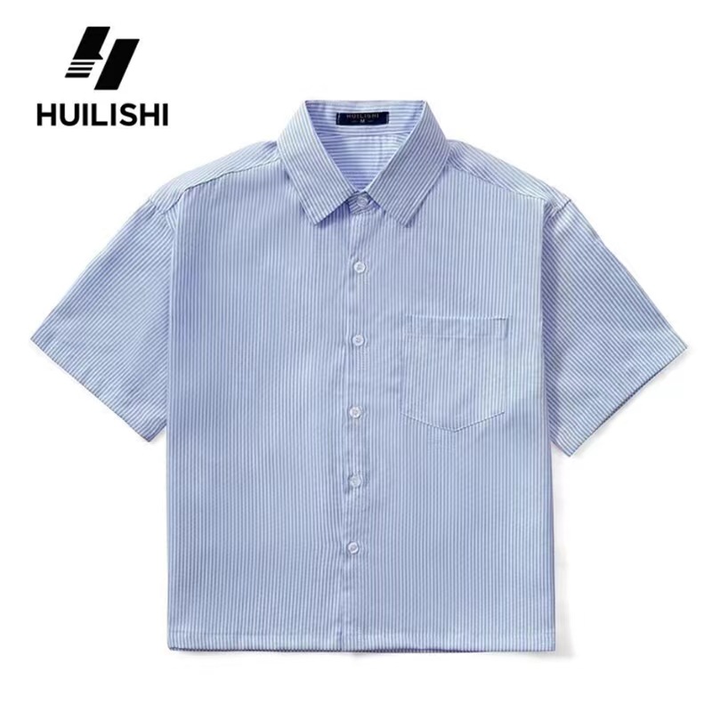 Camicia a righe blu a maniche corte da uomo per l'estate_voghion.com