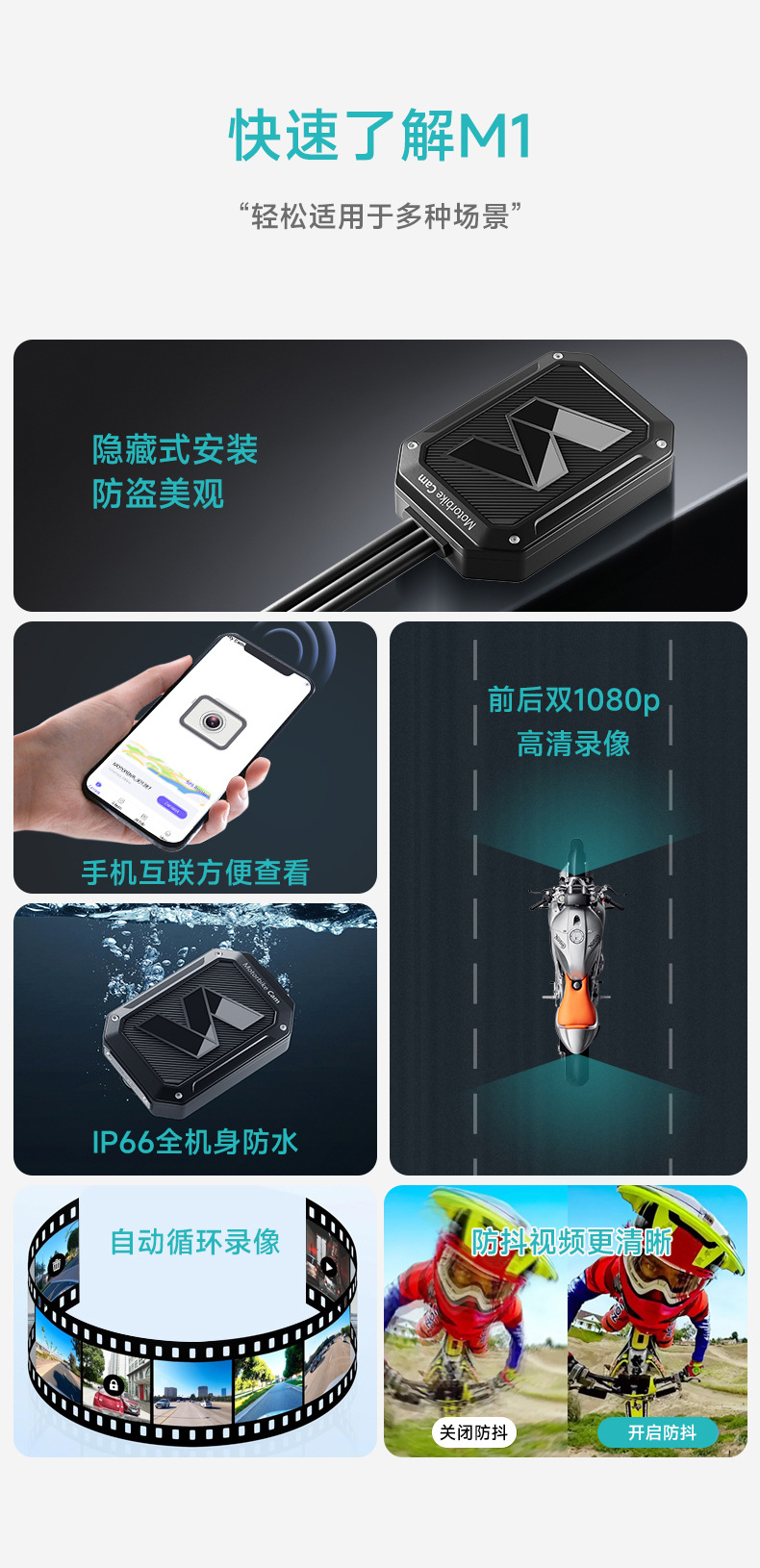Shenyou Front and Rear Dual Recording Motorcycle and Electric Vehicle Dashcam, Hidden Model, Waterproof, Anti-Shake, Smartphone Connectivity