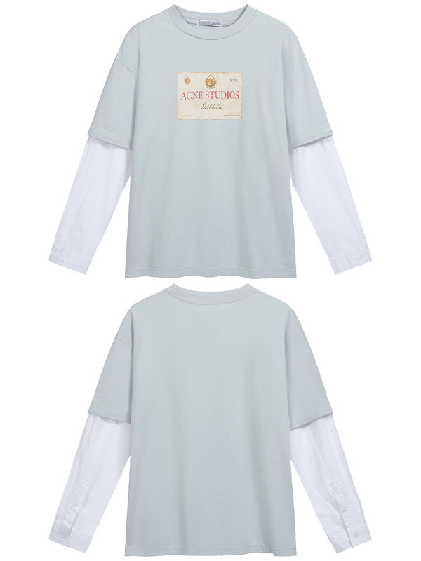 Autumn and Winter New Cross-Border Ac Retro Distressed Fake Two-Piece Letter Long-Sleeved Loose T-Shirts for Men and Women Trendy