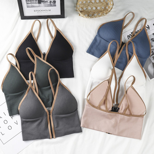 Deep V zipper beautiful back and chest all-in-one non-wired underwear women's bra sexy tube top camisole sports vest