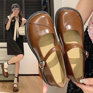 French One-Word Buckle Thick Heel Small Leather Shoes for Women 2025 Summer and Autum New Style Square Round Toe with Skirt and Gentle Elegant Flats