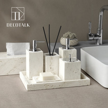 天然米白洞石卫浴五件套洗漱套装大理石洗手台托盘样板间摆件侘寂