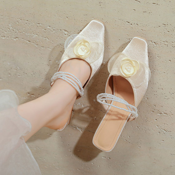 2025 Spring and Summer New Chunky Heel Mid-Heel Women's Shoes All-match Floral Satin Shoes French Style Mary Jane Square Toe Single-layer Shoes for Women