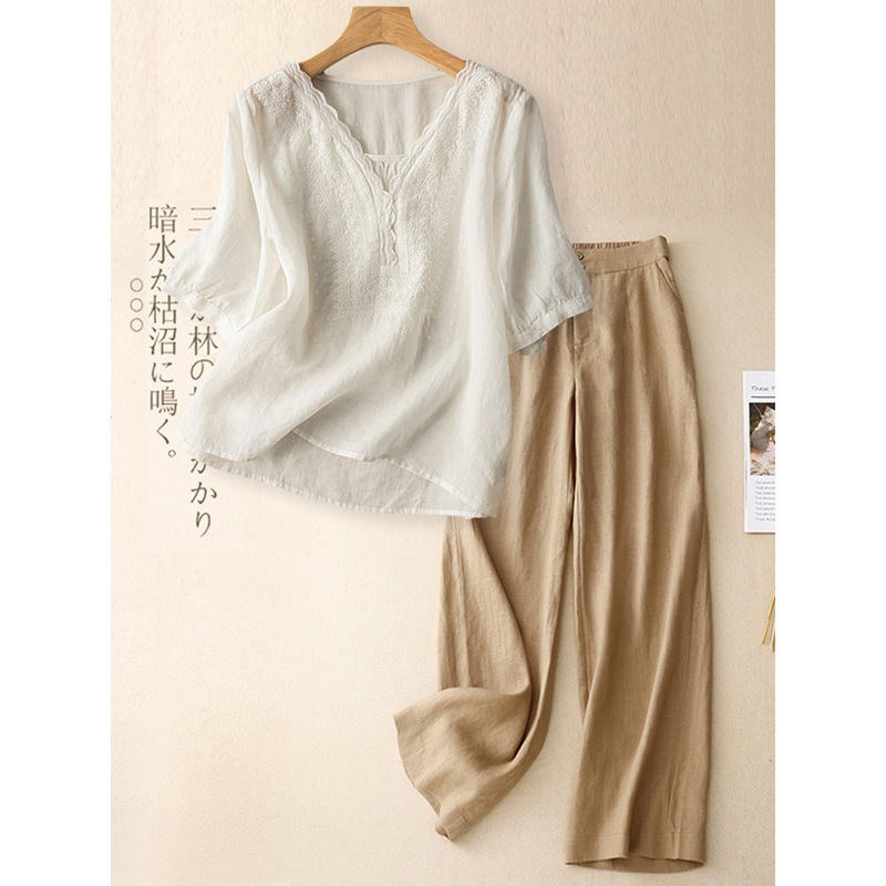 リネンスーツ女性のための 2025 夏の新しい半袖 Tシャツワイドレッグパンツ 2 点セット綿とリネンのシャツカジュアルパンツストレートヘア|undefined