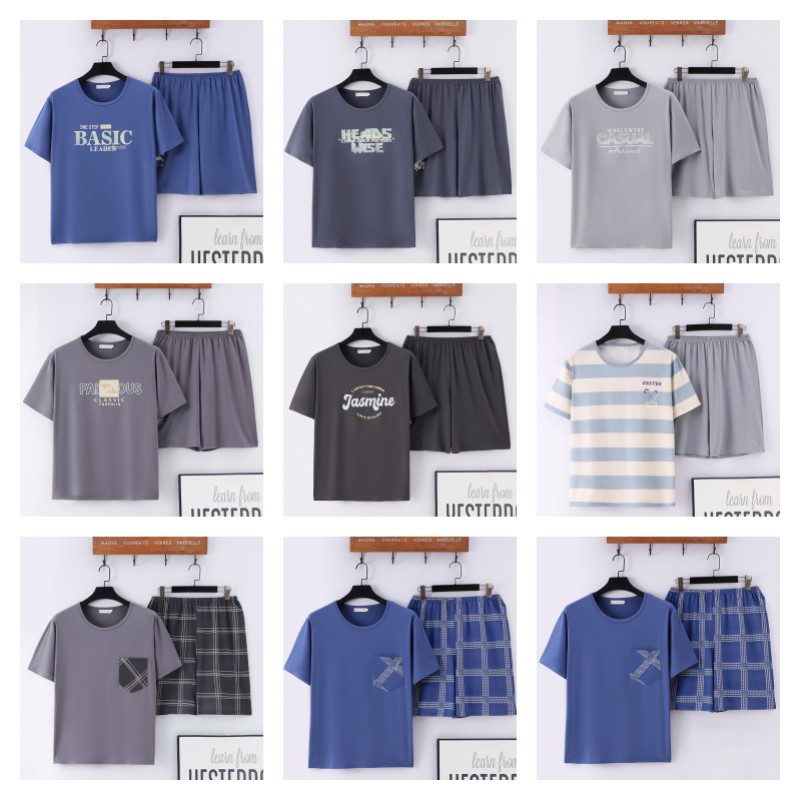 Pijamas de verano de los hombres de algodón artificial de cuello redondo jersey de manga corta pantalones cortos traje casual desgaste del hogar se puede usar fuera supermercado