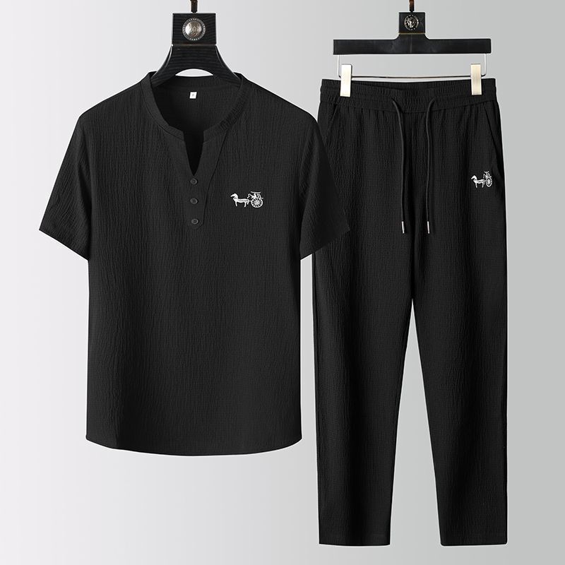 夏薄いカジュアルスポーツスーツメンズ新しい中国風のハイエンド V ネック刺繍半袖 T シャツ 2 点セット男性用|undefined