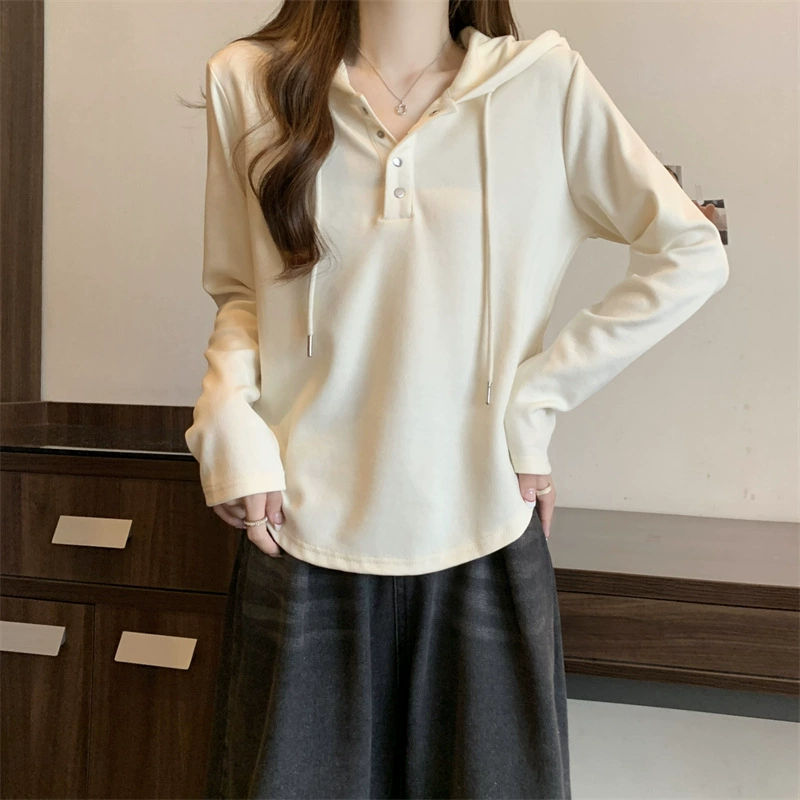 Hooded sweatshirt, oversized plus‑size long‑sleeve, autumn casual, drawstring and button placket