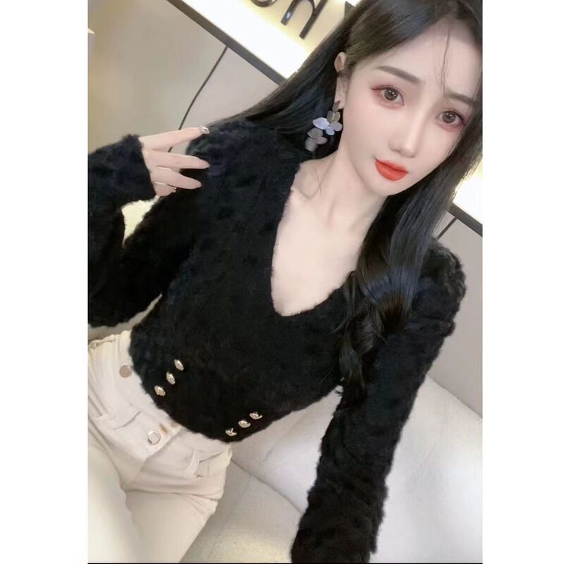 Pure Desire Style V-Neck Lace Blouse for Women, Autumn 2026 New Model, Waist-Cinching, Slimming, Puff Sleeve, Short Versatile Long-Sleeve Top
