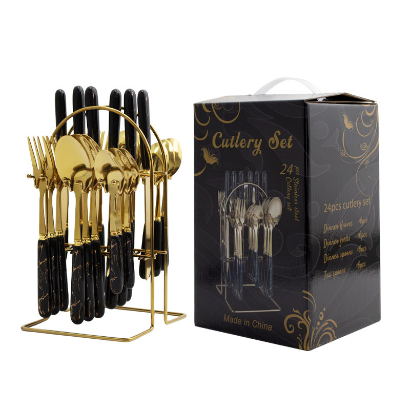 Cuchillo de acero inoxidable transfronterizo, tenedor y cuchara jaspeado cuchillo de carne restaurante del hotel cuchara tenedor mango de cerámica caja de regalo de 24 piezas