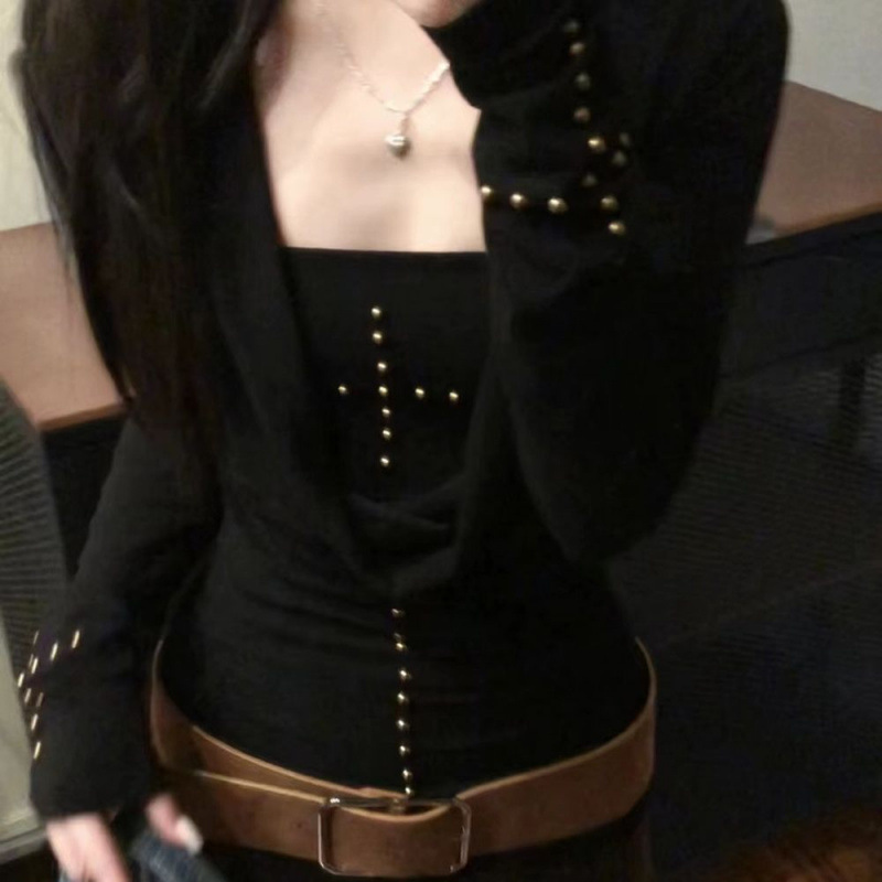 American punk rock chic knitted top for women, perfect for spring and autumn, featuring studs and a cross design, creating a trendy and edgy look