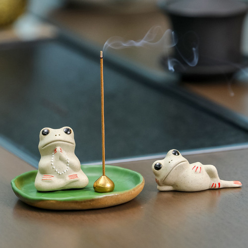 Zen ceramics, Buddhist ceramics, lotus leaves, lotus leaves, small frogs, tea room tea table decoration, internet celebrity personalized tea pet incense burner new
