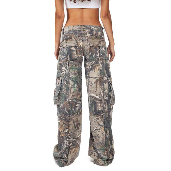 High Quality American Retro Leaf Camouflage Crane Pants Y2K Street Low Waist Multi-Pocket Straight Denim Trousers for Women