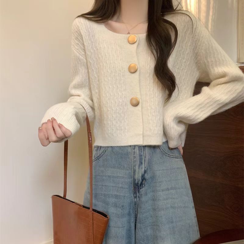 麻花毛衣外套女2025春秋新款宽松慵懒风复古短款长袖针织开衫上衣|undefined