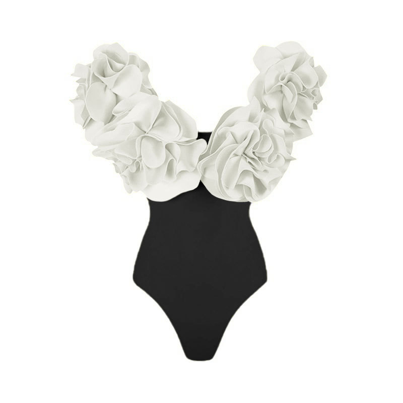 GraceChic 3D Floral Strapless High-End Solid Color One-Piece Swimsuit Set For Women 2024 European And American New Swimwear_voghion.com