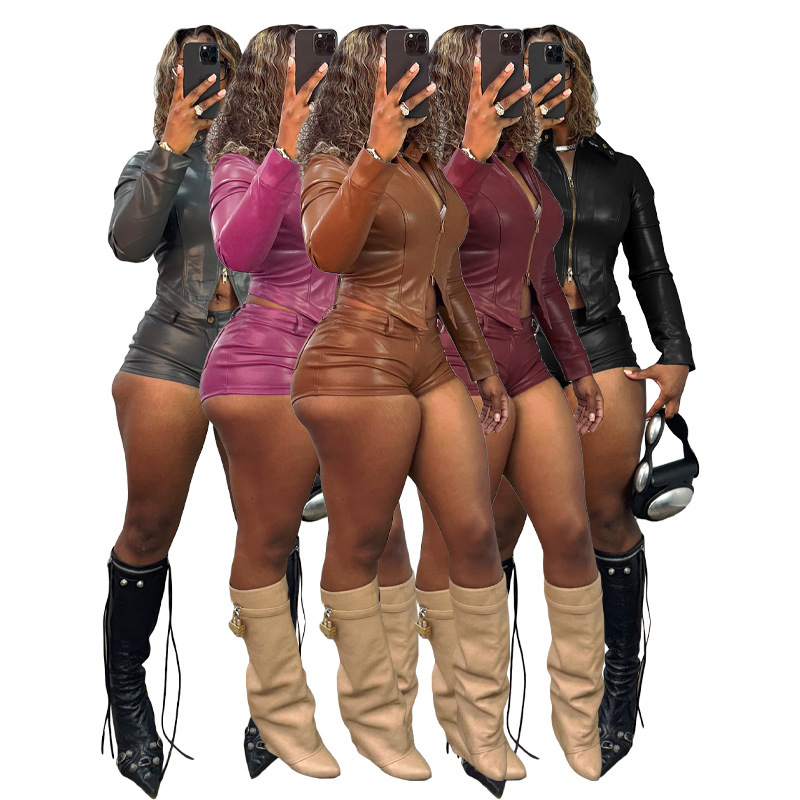 Hr25102 European and American Fashion Women's Leather Stand-Up Collar Two-Way Zipper Motorcycle Long-Sleeved Top Shorts Two-Piece Suit