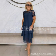 2025欧美跨境外贸夏季新款气质优雅蕾丝拼接雪纺连衣裙不规则裙摆