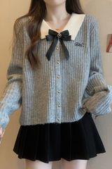小香风蝴蝶结长袖针织开衫女春秋款小众宽松显瘦百搭灰色毛衣外套