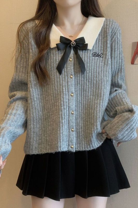 小香风蝴蝶结长袖针织开衫女春秋款小众宽松显瘦百搭灰色毛衣外套|undefined