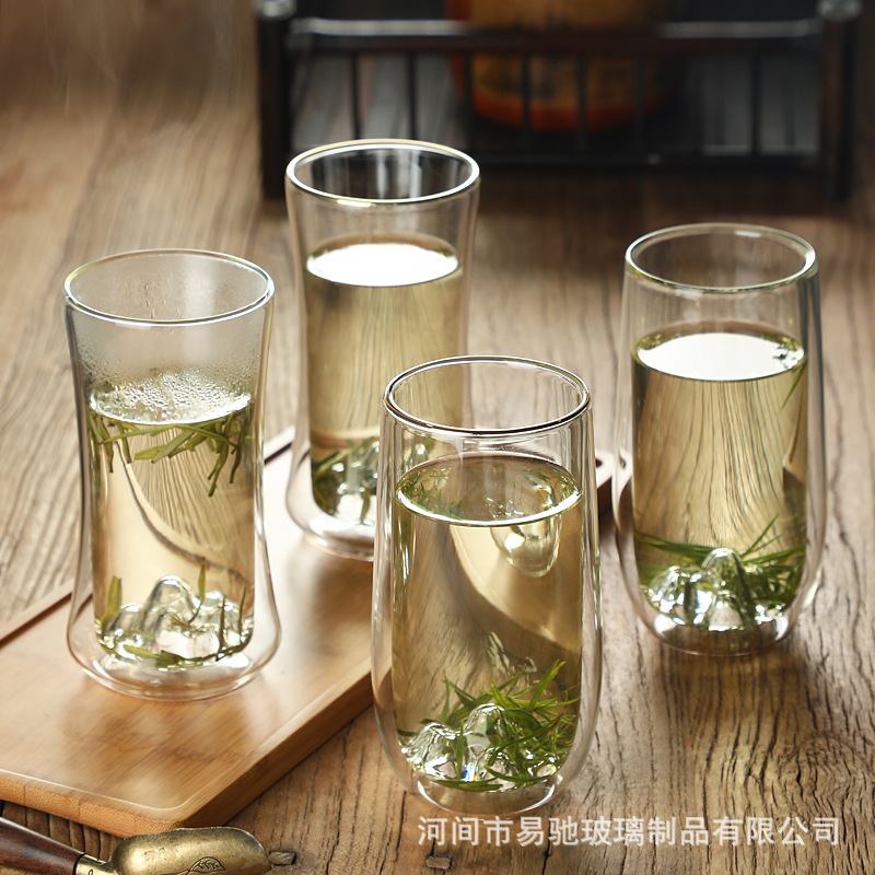 Taza de vidrio de doble capa Taza de montaña con alto contenido de borosilicato Taza de té para el hogar Taza de vidrio especial para té verde transparente de doble capa resistente a altas temperaturas