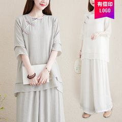 白い禅服、レトロな唐服、綿麻茶服、禅瞑想服、中国風禅女性服2点セット