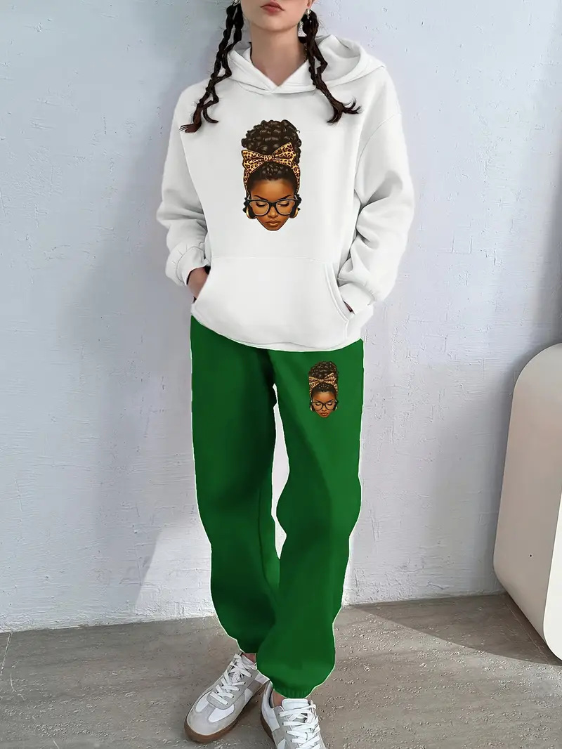 Ensemble sweat à capuche et jogging unisexe à imprimé géométrique pour femme - Pull décontracté tendance avec pantalon assorti (blanc/marron, blanc/vert)_voghion.com