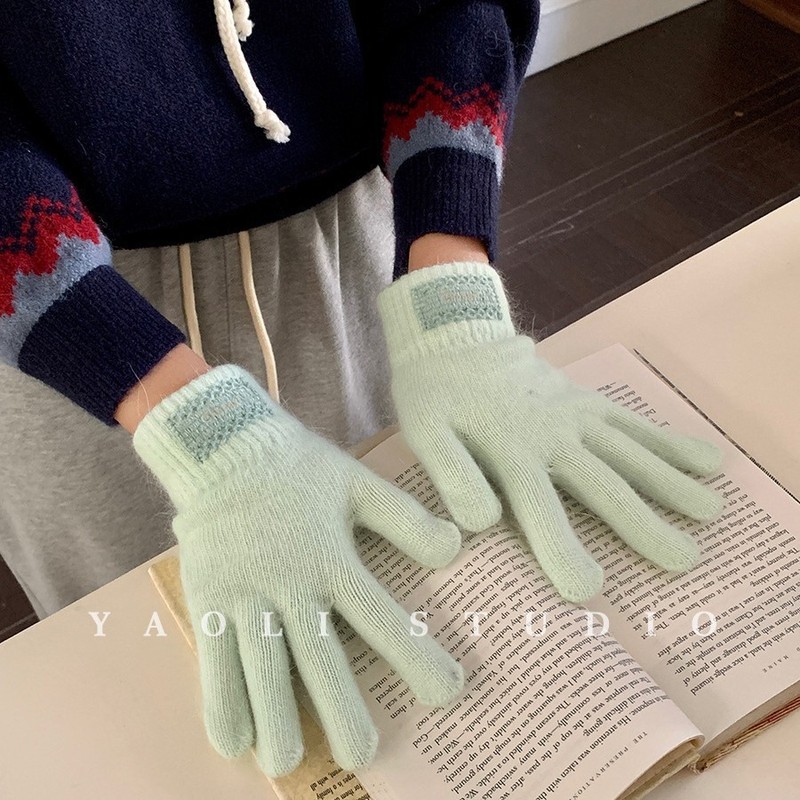 金泰含兔毛蕾丝边贴布～秋冬氛围针织毛线手套女保暖露指可触屏|undefined