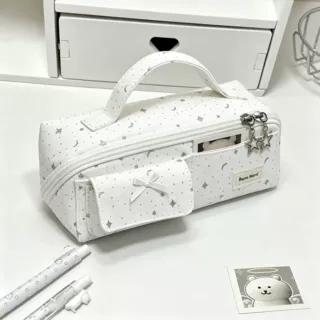 星月印花手提笔袋可爱蝴蝶结装饰学生便携高颜值日常文具收纳袋