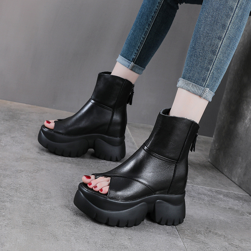 Sandal cao gót nữ mũi hở phong cách La Mã đế dày da bò — màu đen