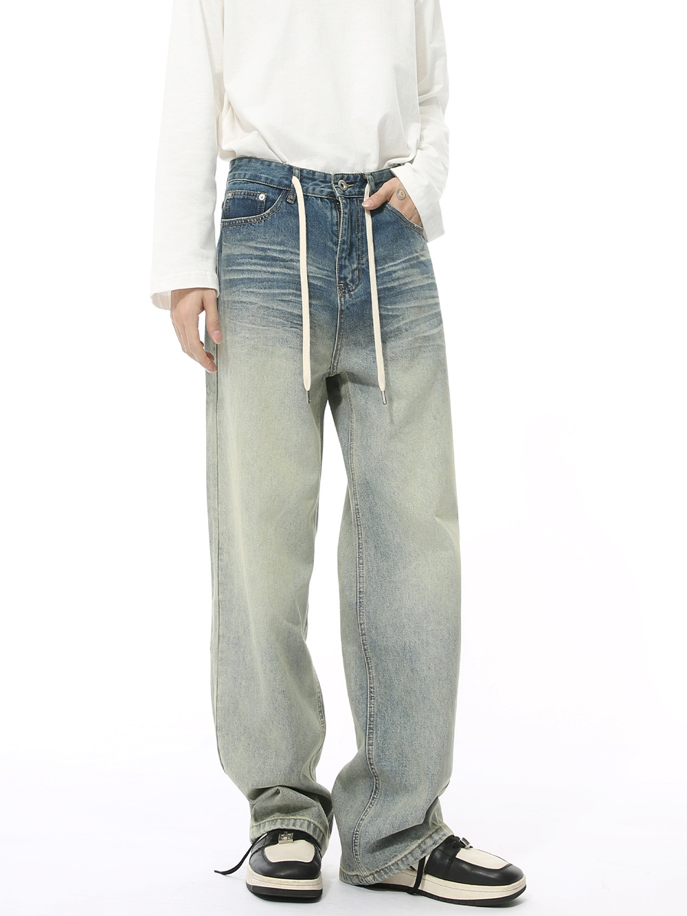 MTLCLOTHES Hombres| Nuevos productos de invierno coreanos retro lavado con agua gradiente de lazos blancos de molienda para hacer jeans viejos de moda