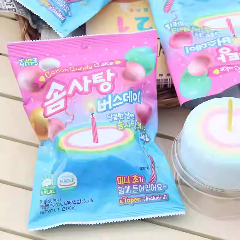 韩国进口YEM生日蛋糕彩棉虹花糖缤纷彩色水果味糖网红休闲零食20g