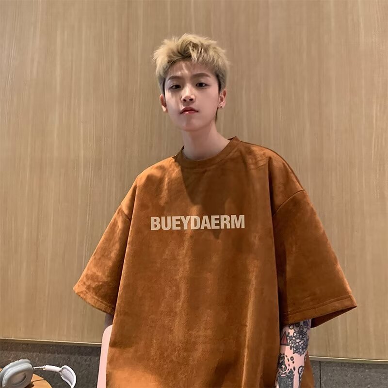 Suede American retro T-shirt Men's Heavy high weight short sleeve summer high street fashion brand Hong Kong style lazy half sleeve