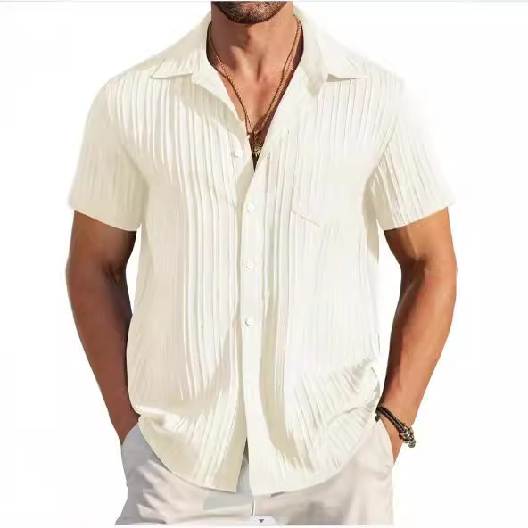 Cross-border 2024 fashion men's summer men's fashion striped color matching business slim fit casual shirt short sleeve shirt