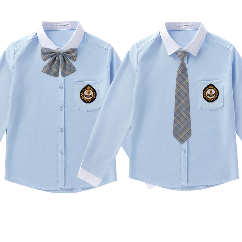 XS-5XL现货代发男女情侣上衣长袖衬衫蓝白纯色班校园礼工作制服