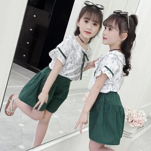 Girls' Summer Set  New Children's Short Sleeve Summer Clothes for Older Children Two-Piece Set for Little Girls Fashionable and Trendy