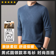 含山羊绒圆领男士羊毛衫2024秋冬季新款时尚百搭提花中青年毛衣男