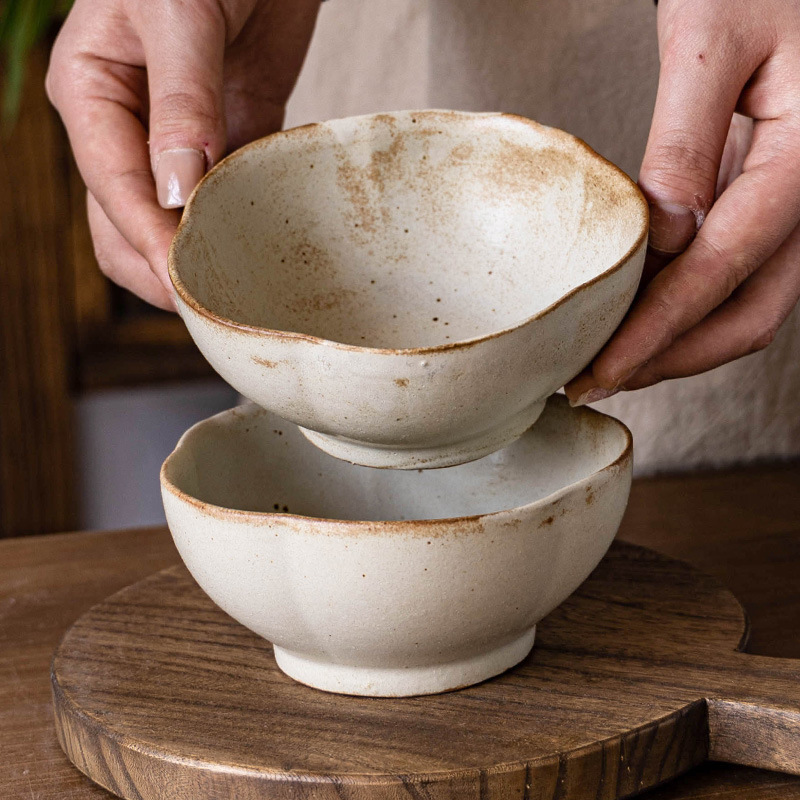 [Flower Rice Bowl~] Retro Stoneware B&B Eating Bowl, Porridge Bowl, Cute Flower-Shaped Taro Ball Sugar Water Yogurt Bowl