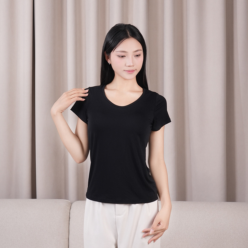 Women's Short-Sleeved Modal Bottoming Shirt with Breast Pads, Women's Spring and Summer All-In-One Pajamas, Five-Finger Half-Sleeved Women's Clothing