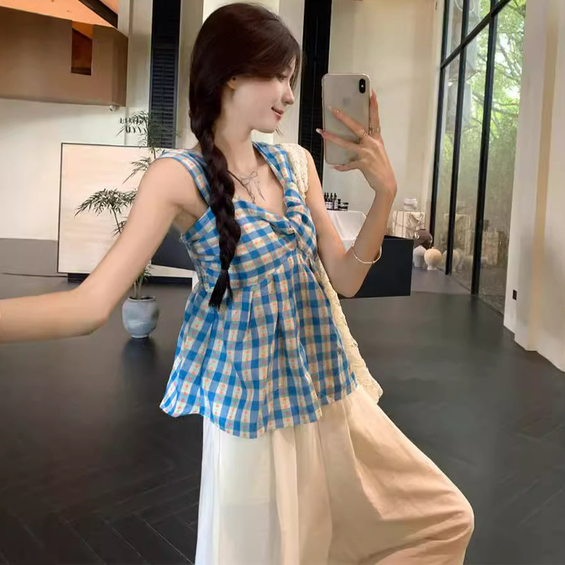 Contrast Color Plaid Kink Camisole Women's Summer New Niche Design Sweet Spicy Age-reducing Outer Wear Small Shirt Top Contrast Color Plaid Kink Camisole Women's Summer New Niche Design Sweet Spicy Age-reducing Outer Wear Small Shirt Top
