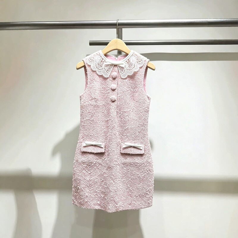 In stock 2026 new model pink tweed sleeveless dress with lace doll collar and bow, sweet summer style for women